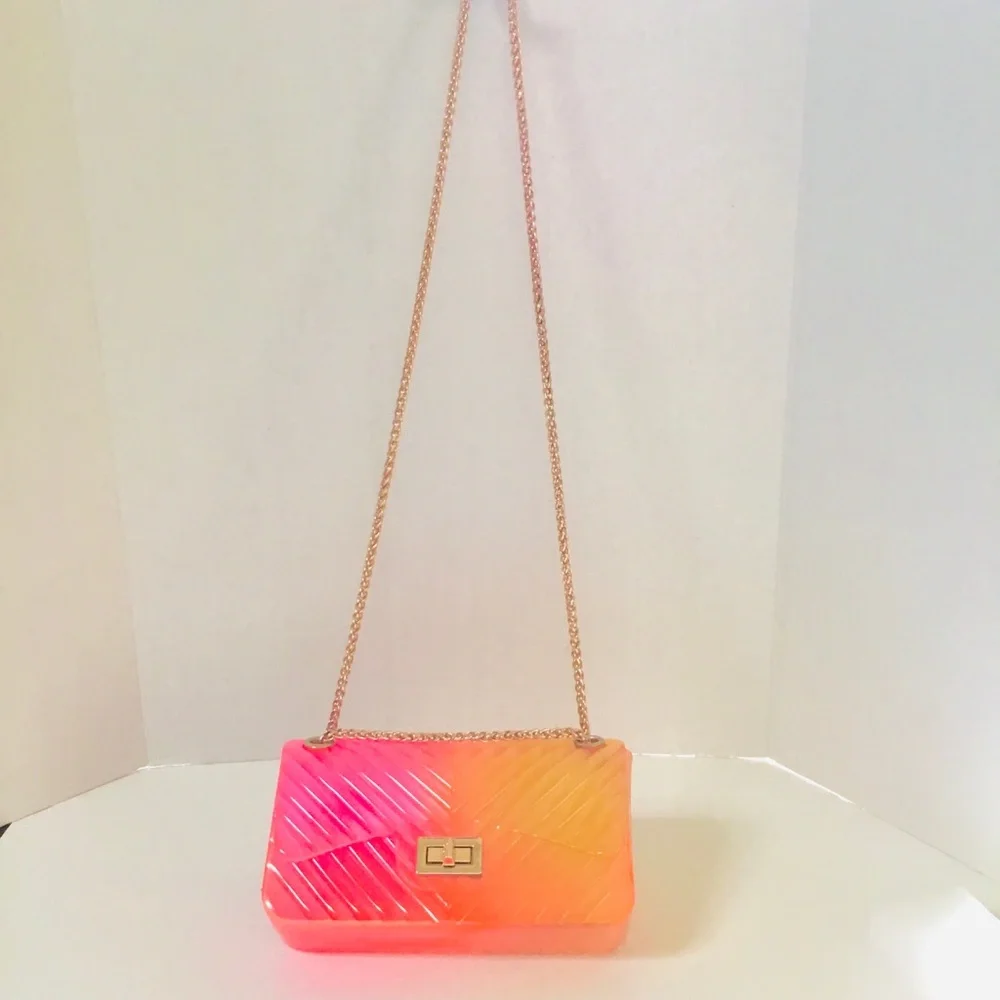 NWT Caleesa Jelly Crossbody Shoulder Bag Pink Yellow Ombre Chevron Design Flap